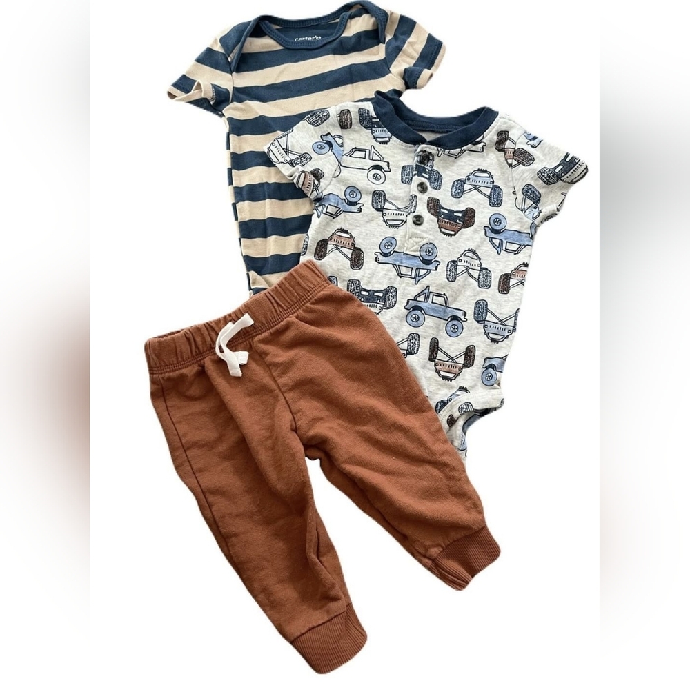 Carter's Blue Car Print Onesie Set with Burnt Orange Pants